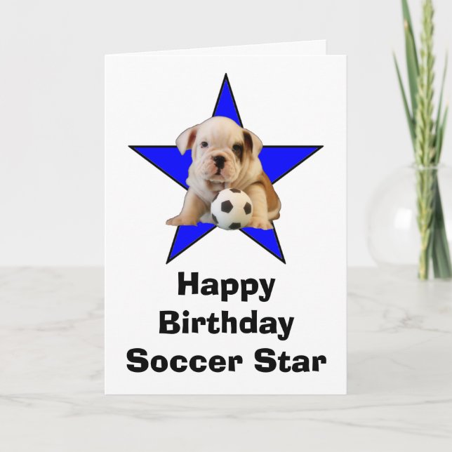 Tarjeta Feliz cumpleaños, Bulldog estrella de fútbol (Anverso)