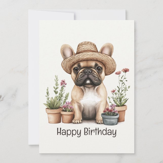 Tarjeta Feliz cumpleaños Bulldog francés jardinería flor d (Anverso)