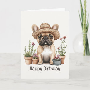 Tarjeta Feliz cumpleaños Bulldog francés jardinería flor d