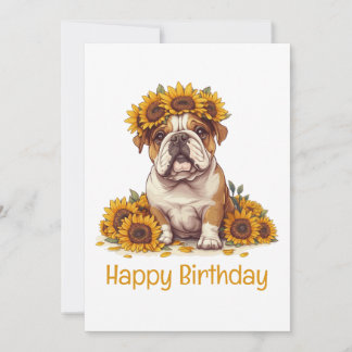 Tarjeta Feliz cumpleaños Bulldog inglés Corona de girasol