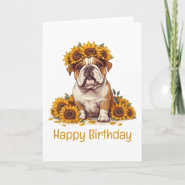 Tarjeta Feliz cumpleaños Bulldog inglés Corona de girasol (Anverso)