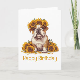Tarjeta Feliz cumpleaños Bulldog inglés Corona de girasol