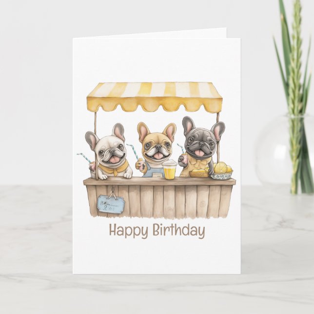 Tarjeta Feliz cumpleaños, Bulldoges franceses, stand de Le (Anverso)