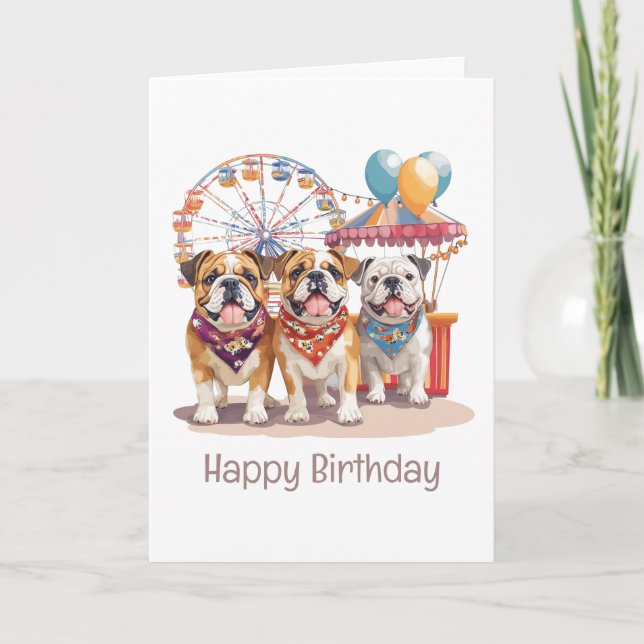 Tarjeta Feliz Cumpleaños Bulldoges Ingleses En Un Carnaval (Anverso)