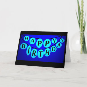 Tarjeta Feliz cumpleaños, burbujas de luz azul celebran la