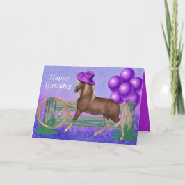 Tarjeta Feliz cumpleaños caballo con Gorra morado y globos
