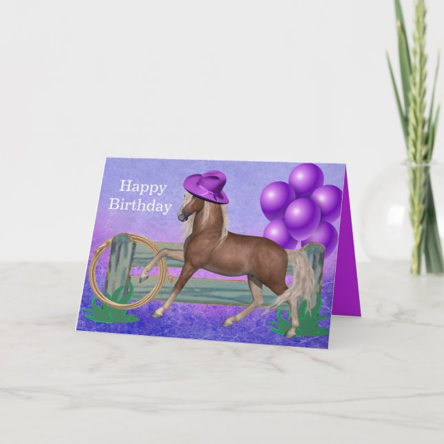 Tarjeta Feliz cumpleaños caballo con Gorra morado y globos (Anverso)