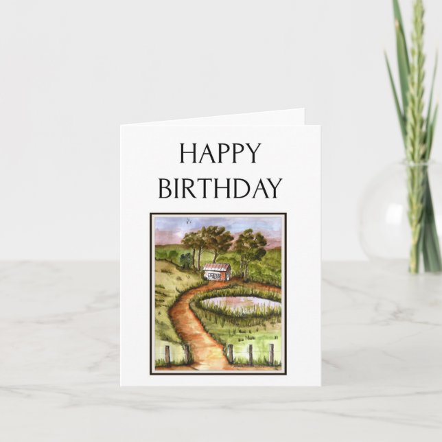 Tarjeta Feliz cumpleaños, cabina en el arte de los bosques (Anverso)