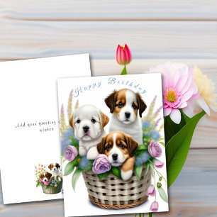 Tarjeta Feliz Cumpleaños Cachorritos Lindos en Cesta de Fl