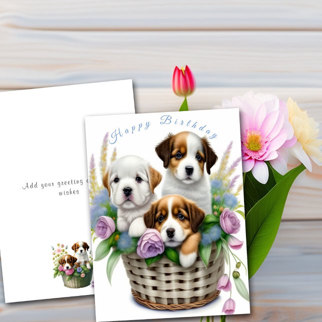 Tarjeta Feliz Cumpleaños Cachorritos Lindos en Cesta de Fl (Subido por el creador)