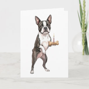 Tarjeta Feliz cumpleaños cachorro BOSTON TERRIER hueso de