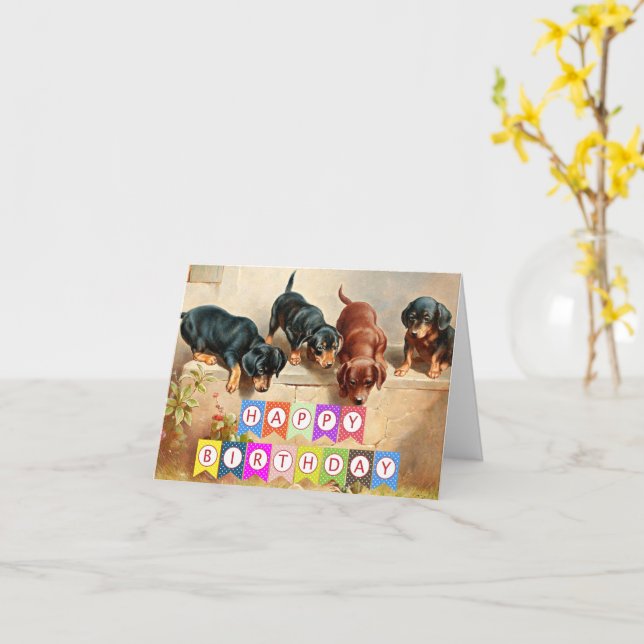 Tarjeta Feliz cumpleaños, cachorros de Dachshund, (flor amarilla)