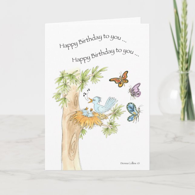 Tarjeta Feliz cumpleaños Canción Aves Azules (Anverso)
