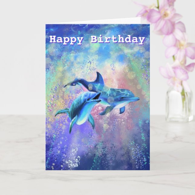 Tarjeta Feliz Cumpleaños Card Dolphin Couple - Personaliza (Orquídea)