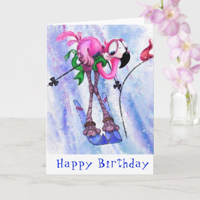 Tarjeta Feliz Cumpleaños Card Funny Esquiador Flamingo Ros (Orquídea)