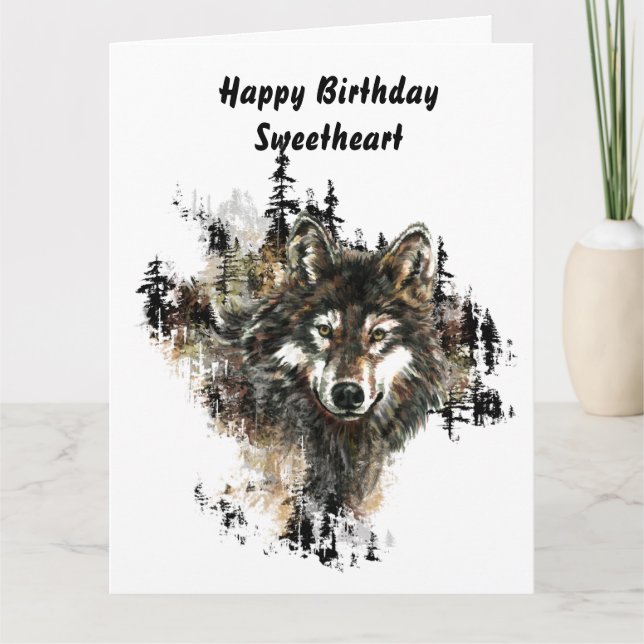 Tarjeta Feliz cumpleaños, cariño, lobo en blanco, arte de  (Anverso)