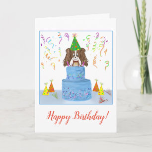 Tarjeta Feliz cumpleaños Cavalier King Charles con pastel