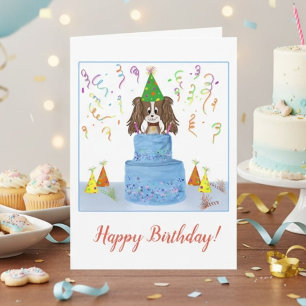 Tarjeta Feliz cumpleaños Cavalier King Charles con pastel