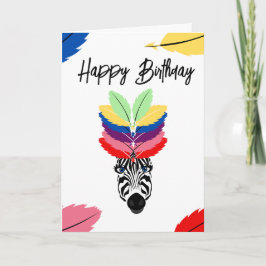 Tarjeta feliz cumpleaños cebra coloridas plumas