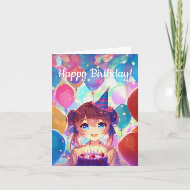 Tarjeta Feliz Cumpleaños, Chica Anime Con Pastel (Anverso)