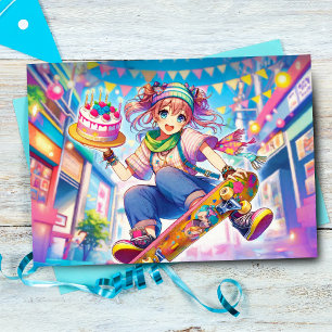 Tarjeta Feliz Cumpleaños Chica Anime En Monopatín