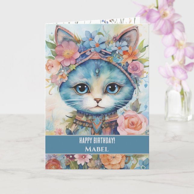 Tarjeta Feliz cumpleaños Chica Blue Cat Wide Eyes Floral (Orquídea)