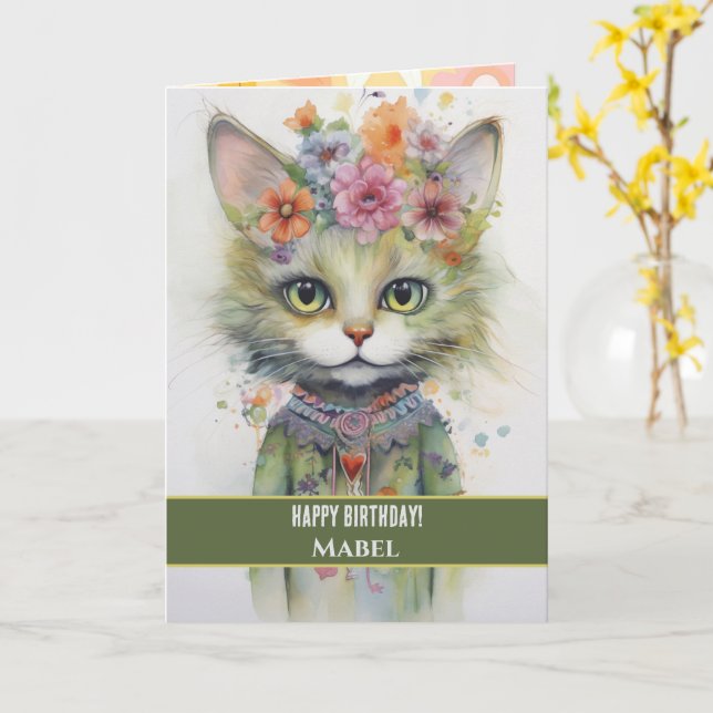 Tarjeta Feliz cumpleaños Chica Green Cat Wide Eyes Floral (flor amarilla)