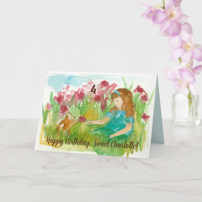 Tarjeta Feliz cumpleaños Chica Kitten Personalizado nombre (Orquídea)