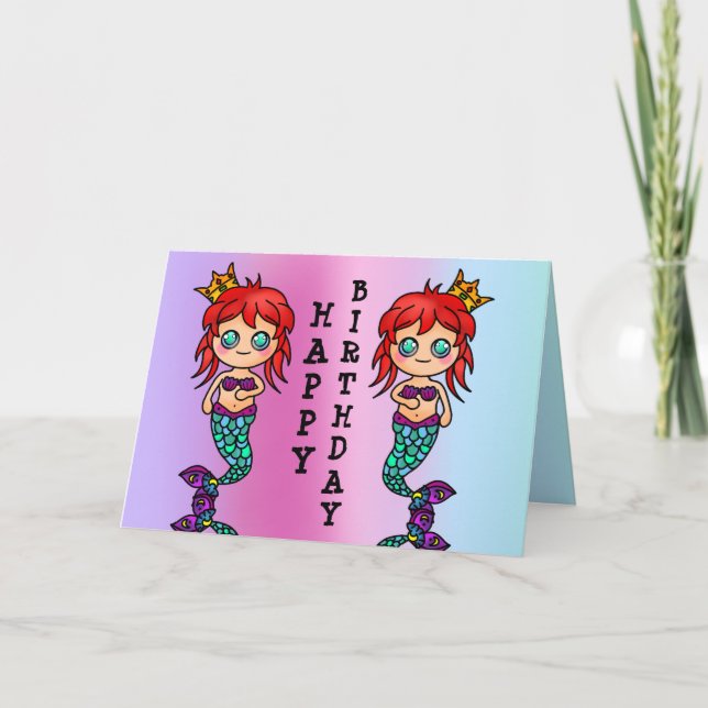 Tarjeta Feliz cumpleaños Chica Mermaid Cute Cat Ocean (Anverso)