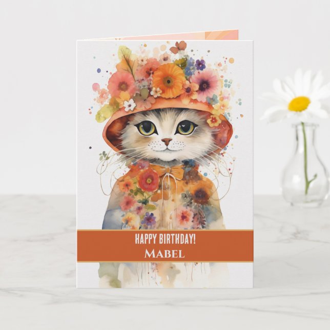 Tarjeta Feliz cumpleaños Chica Naranja Cat Wide Eyes Flora (Planta pequeña)