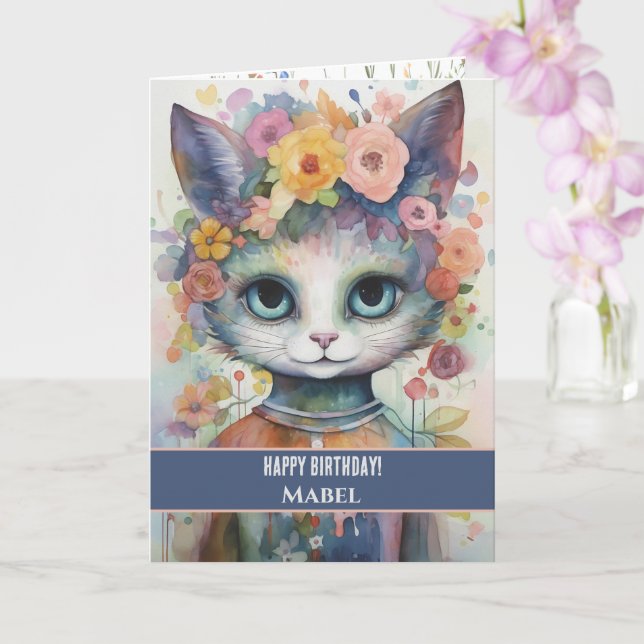 Tarjeta Feliz cumpleaños Chica Purple Cat Wide Eyes Floral (Orquídea)