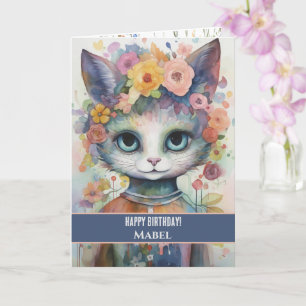 Tarjeta Feliz cumpleaños Chica Purple Cat Wide Eyes Floral