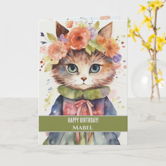 Tarjeta Feliz cumpleaños Chica Tabby Cat Wide Eyes Floral (flor amarilla)