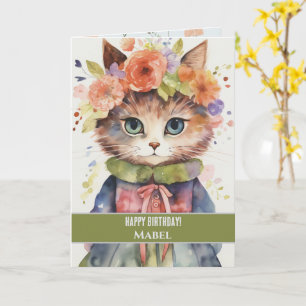 Tarjeta Feliz cumpleaños Chica Tabby Cat Wide Eyes Floral