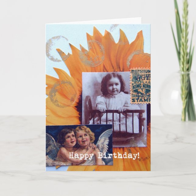 Tarjeta Feliz cumpleaños, Chica y Collage de Cherubs (Anverso)