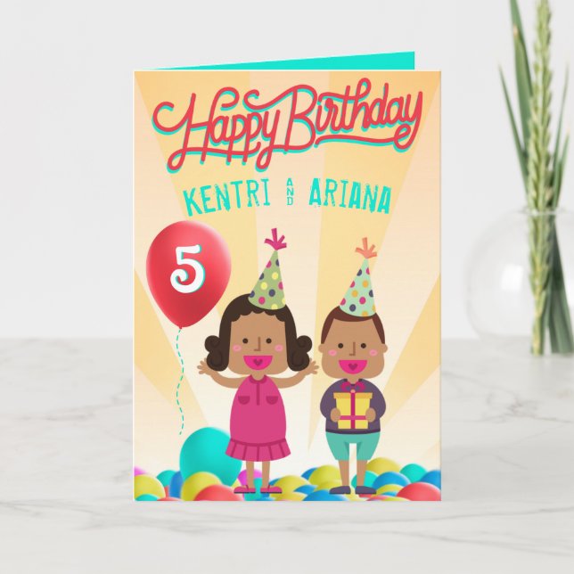 Tarjeta Feliz cumpleaños {Chica y niño} globo de gemelos é (Anverso)