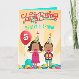 Tarjeta Feliz cumpleaños {Chica y niño} globo de gemelos é