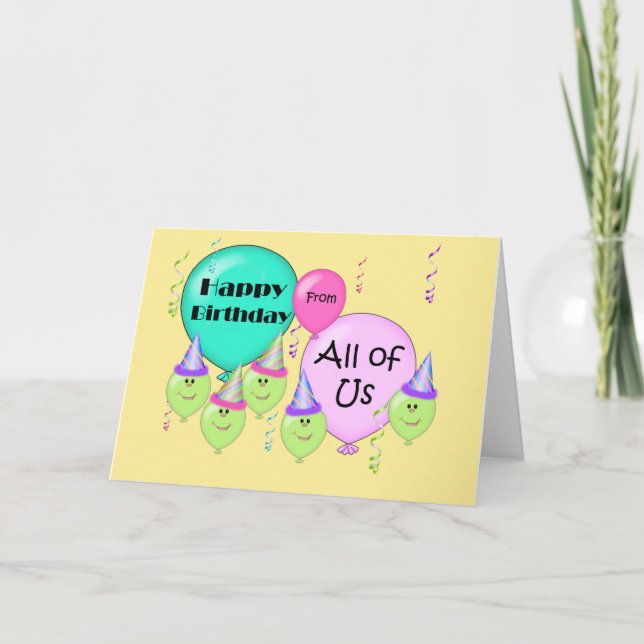 Tarjeta Feliz cumpleaños chistoso todos nosotros, globos (Anverso)
