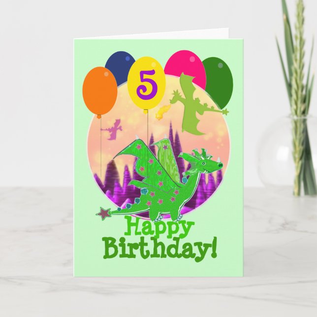 Tarjeta Feliz cumpleaños, cinco globos de dragón (Anverso)