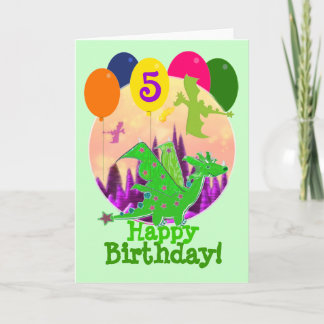 Tarjeta Feliz cumpleaños, cinco globos de dragón