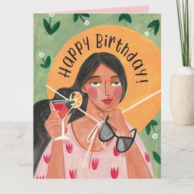 Tarjeta Feliz Cumpleaños Cóctel de Verano Mujer (Anverso)