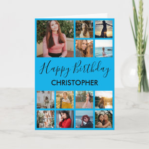 Tarjeta Feliz cumpleaños Collage de fotos 13 fotos azul