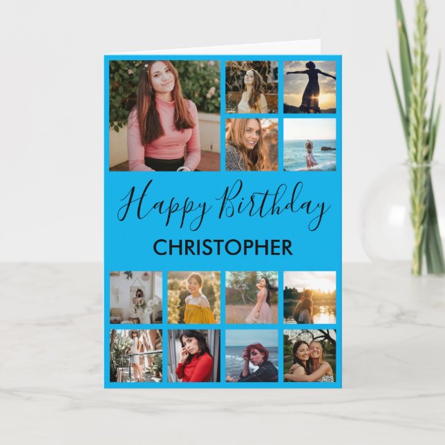 Tarjeta Feliz cumpleaños Collage de fotos 13 fotos azul (Anverso)