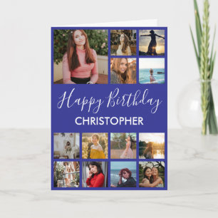 Tarjeta Feliz cumpleaños Collage de fotos 13 fotos azul de