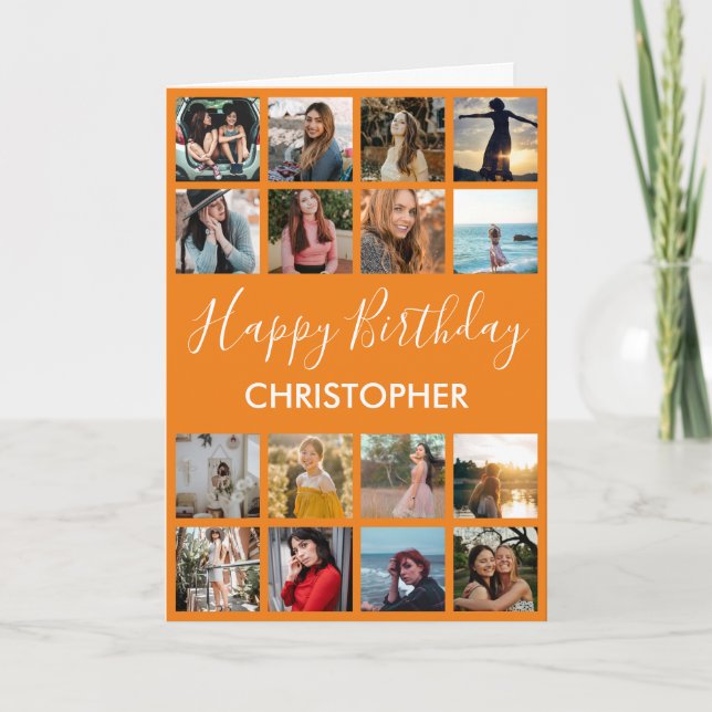 Tarjeta Feliz cumpleaños Collage de fotos 16 Naranja de fo (Anverso)