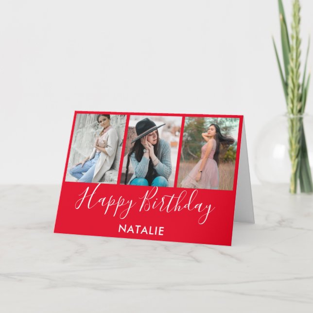 Tarjeta Feliz cumpleaños, Collage de fotos rojo y blanco 3 (Anverso)