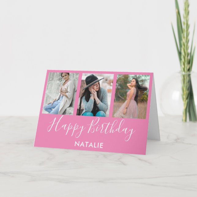 Tarjeta Feliz cumpleaños, Collage de fotos rosa y blanco 3 (Anverso)