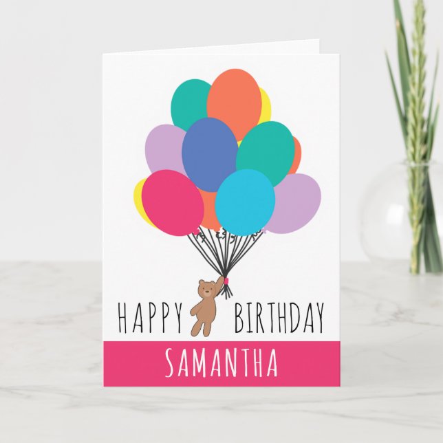 Tarjeta Feliz cumpleaños, colorido globo Teddy Bear Name (Anverso)