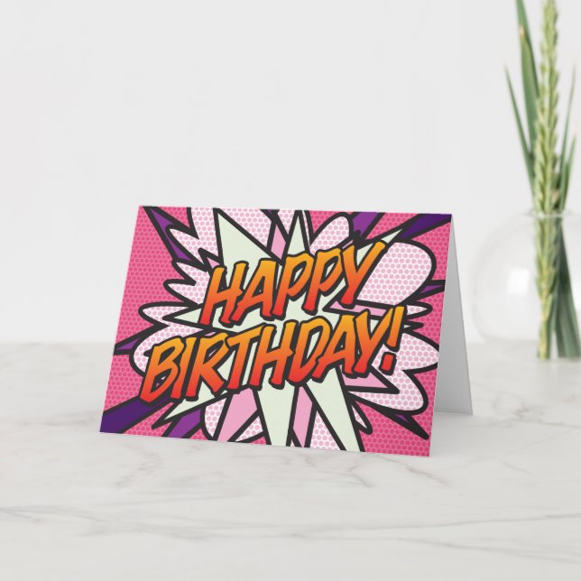 Tarjeta FELIZ CUMPLEAÑOS Comic Book Pop Art Rosa (Anverso)