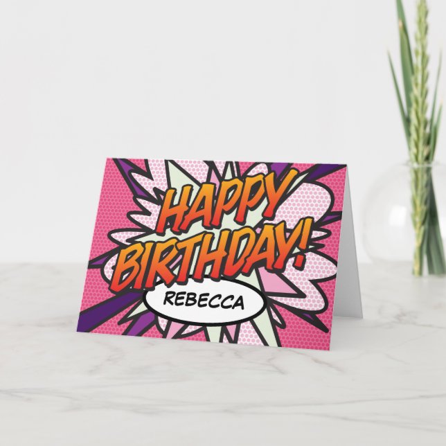 Tarjeta FELIZ CUMPLEAÑOS Cómic Pop Art Rosa (Anverso)
